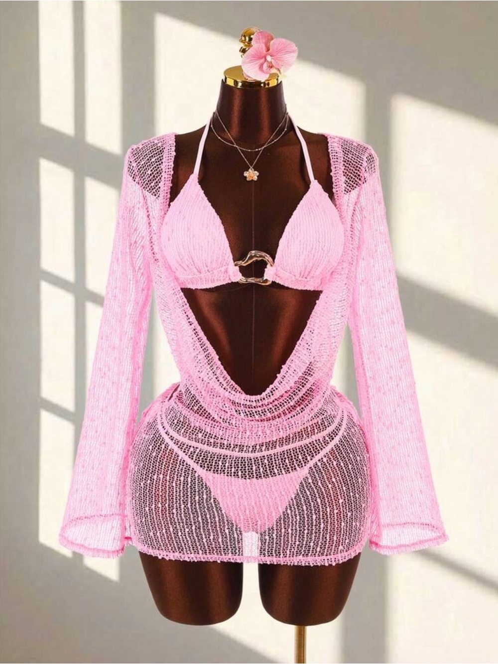 Pink Sheer Knit Cover-Up Set - Women Swim